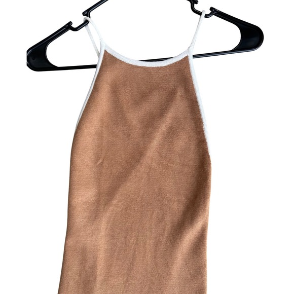 Meshki Heidi Contrast Binding Knitted Open Back Strappy Midi Dress Tan Size XS - Picture 5 of 9